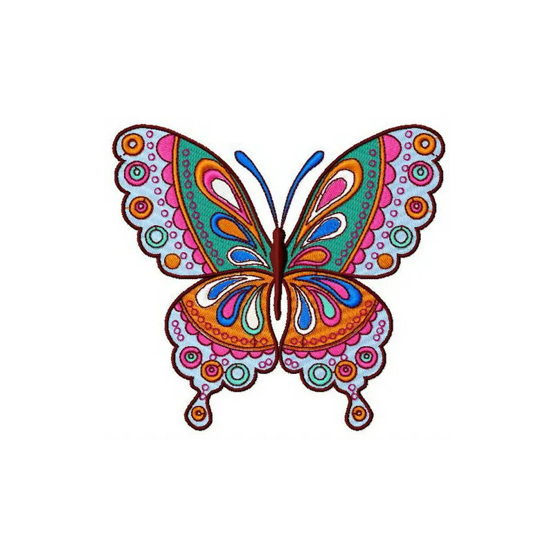 Rainbow butterfly embroidery design showcasing vibrant colors and intricate stitch details for creative projects.