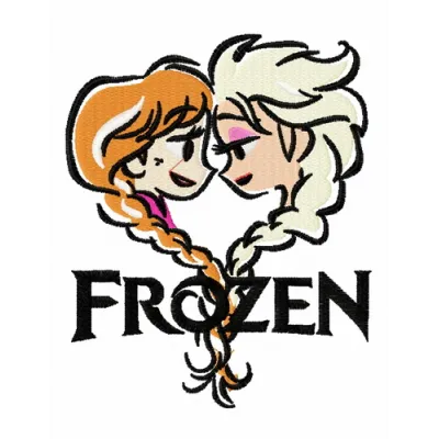 Preview of Frozen sisters color sketch embroidery design featuring playful characters for creative stitching projects.