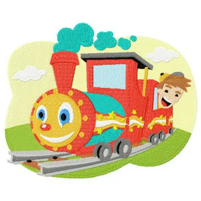 Kid's train embroidery design showcasing a colorful locomotive, perfect for embellishing children's clothing and accessories.