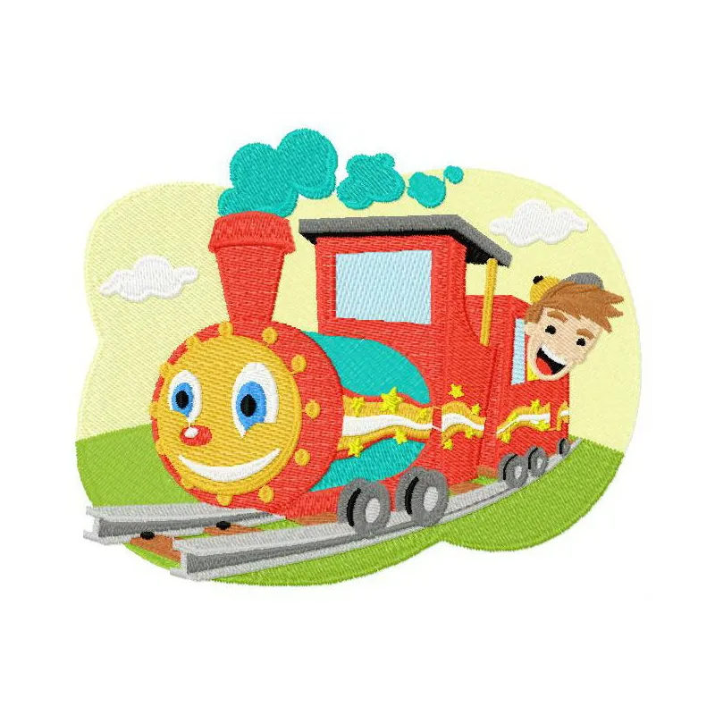 Kid's train embroidery design showcasing a colorful locomotive, perfect for embellishing children's clothing and accessories.