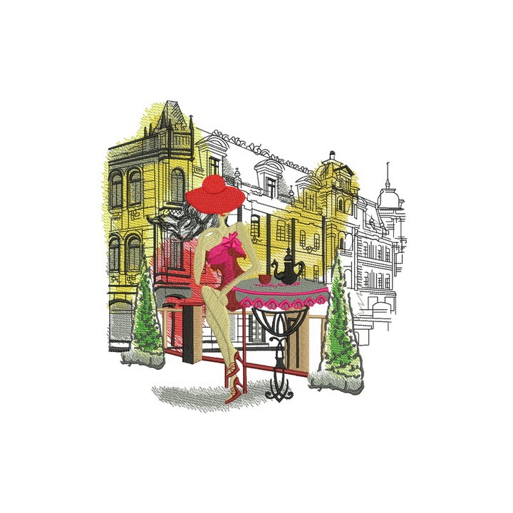 Posh girl in cafe embroidery design - Embroidery Design