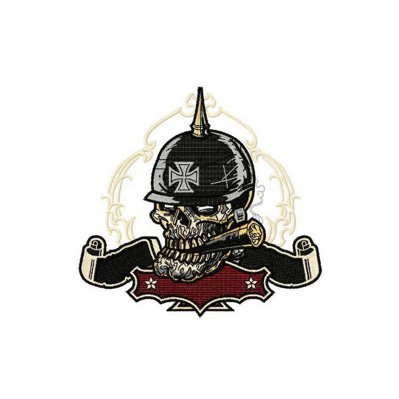 Smoking skull embroidery design showcasing intricate details suitable for various stitching projects.
