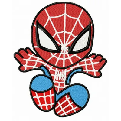 Chibi Spiderman attacks embroidery design showcasing a playful superhero motif for various stitching projects.