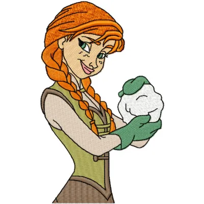 Embroidery design featuring Anna from Frozen playfully holding a snowball, perfect for winter-themed projects.
