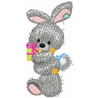 Knitted bunny with present embroidery design - Embroidery Design