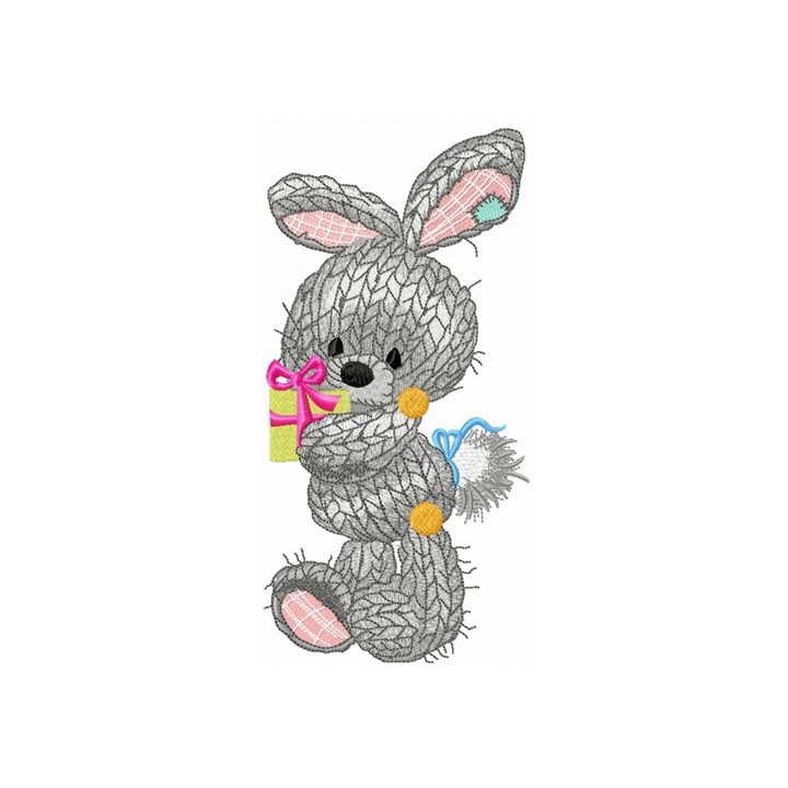 Knitted bunny with present embroidery design - Embroidery Design