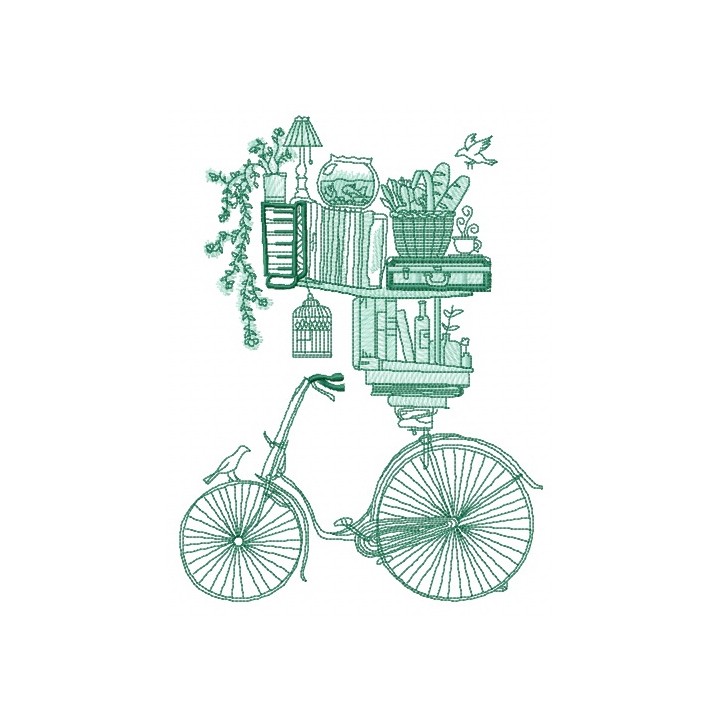 Book shelves and bike sketch embroidery design - Embroidery Design