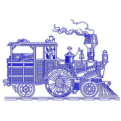 Steam engine embroidery design featuring intricate details, perfect for train enthusiasts and crafting projects.