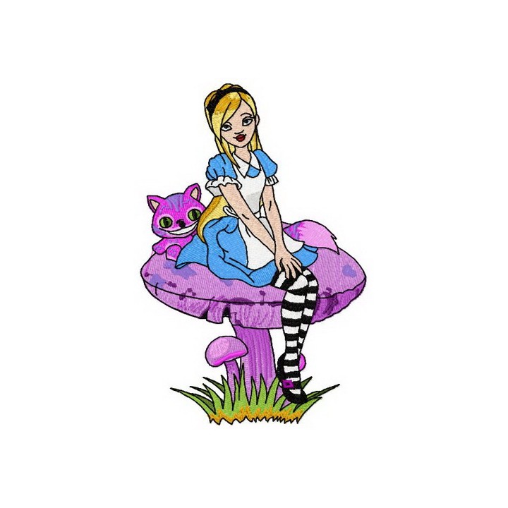 Alice on purple mushroom embroidery design - Embroidery Design