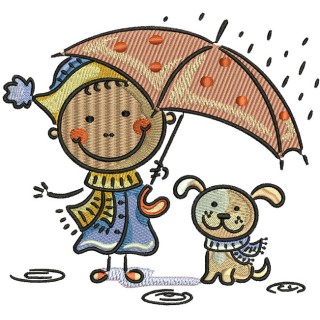 Boy and dog under rain embroidery design - Embroidery Design