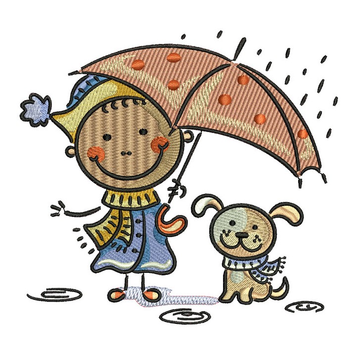 Boy and dog under rain embroidery design - Embroidery Design