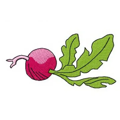 Radish embroidery design showcasing a vibrant red radish motif, ideal for adding charm to kitchen textiles and apparel.