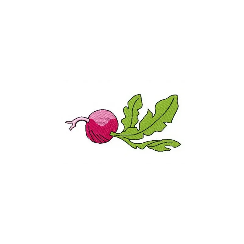 Radish embroidery design showcasing a vibrant red radish motif, ideal for adding charm to kitchen textiles and apparel.