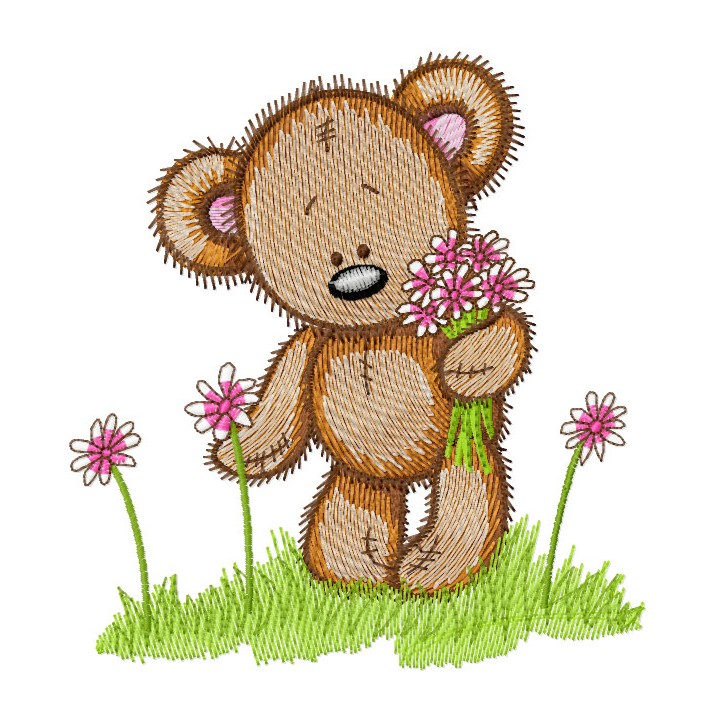 Cute Teddy collect flowers embroidery design - Embroidery Design