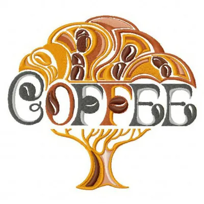 Coffee tree embroidery design showcasing intricate stitched motifs for creative projects like tote bags and t-shirts.
