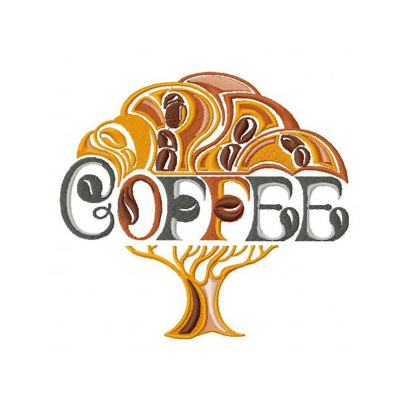 Coffee tree embroidery design showcasing intricate stitched motifs for creative projects like tote bags and t-shirts.