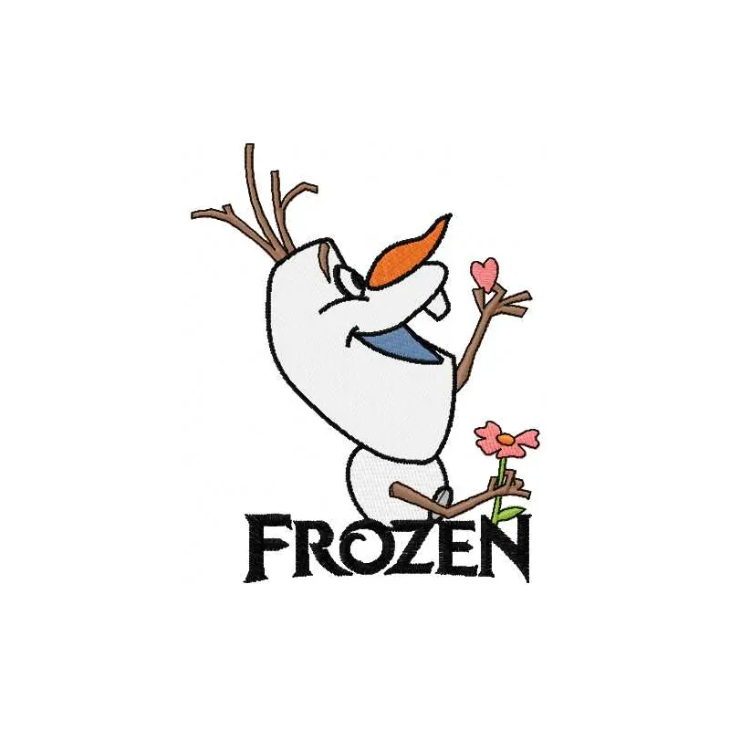 Embroidery design of Olaf holding a flower, inspired by Frozen, ideal for stitching on various fabric items.