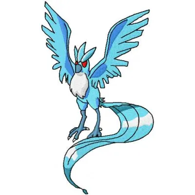 Shiny Articuno Pokemon embroidery design featuring vibrant colors and intricate details for stitching on various items.