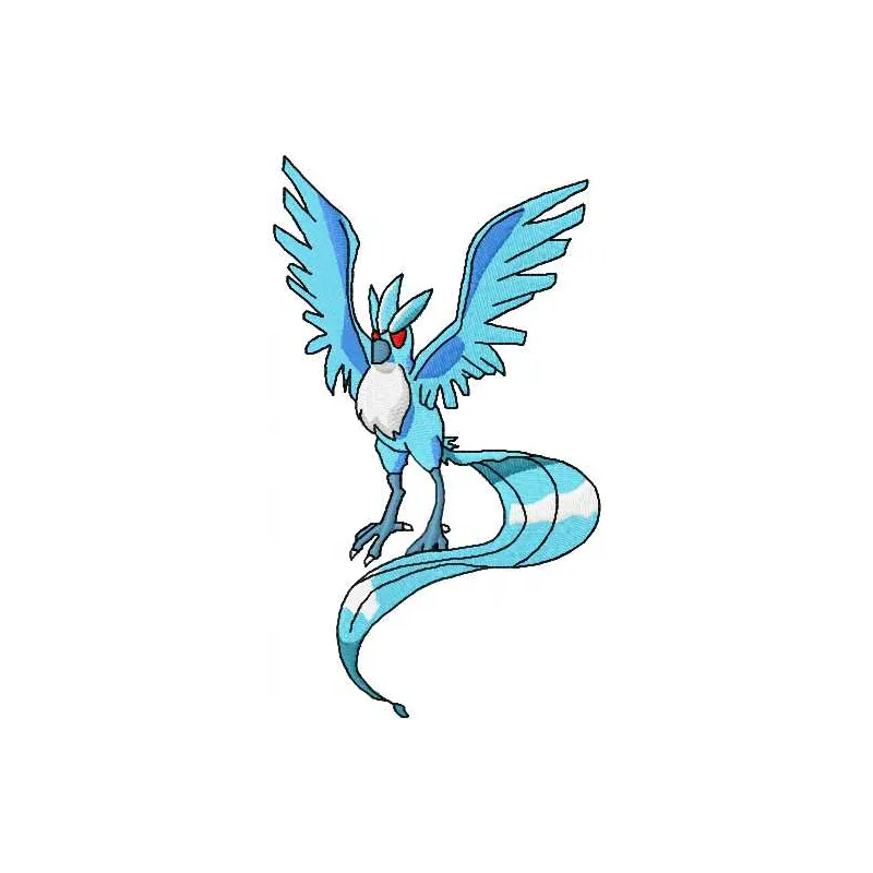 Shiny Articuno Pokemon embroidery design featuring vibrant colors and intricate details for stitching on various items.