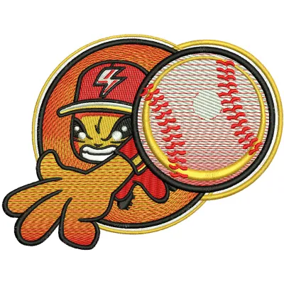 Preview of a pitcher badge embroidery design featuring a baseball motif, ideal for stitching on caps or jackets.