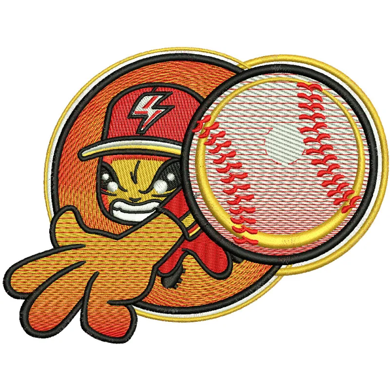 Preview of a pitcher badge embroidery design featuring a baseball motif, ideal for stitching on caps or jackets.