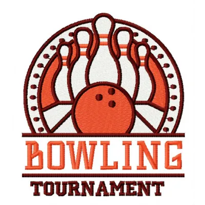 Bowling tournament embroidery design featuring pins and a bowling ball, ideal for embellishing apparel and accessories.
