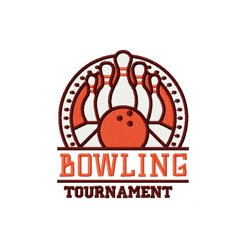 Bowling tournament embroidery design featuring pins and a bowling ball, ideal for embellishing apparel and accessories.