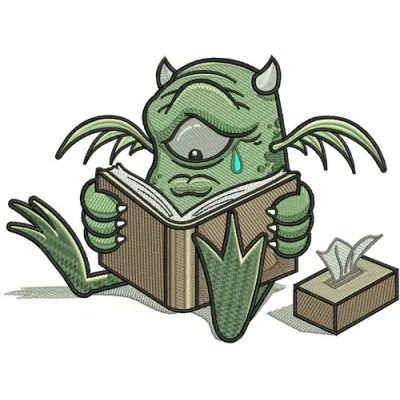 Preview of a sad book embroidery design featuring a whimsical monster, ideal for creative stitching projects.