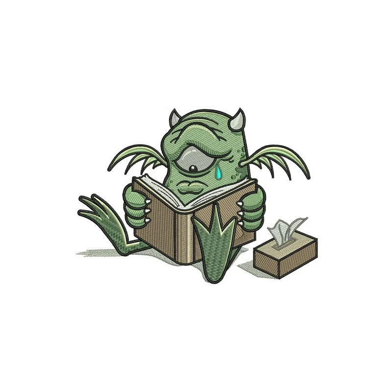 Preview of a sad book embroidery design featuring a whimsical monster, ideal for creative stitching projects.