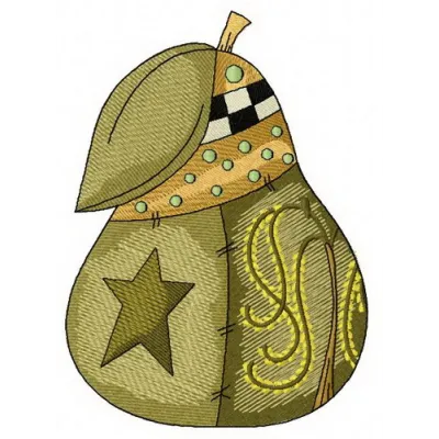 Preview of a pear embroidery design featuring a detailed stitched motif of a ripe pear, perfect for various fabric projects.