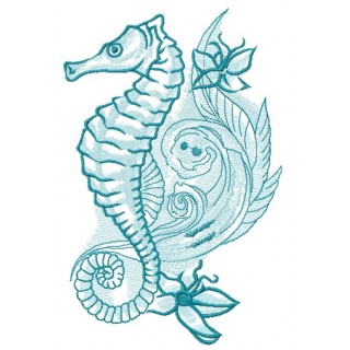 Blue sea horse with flowers embroidery design - Embroidery Design