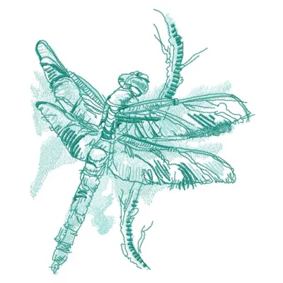 Dragonfly sitting on a branch embroidery design, showcasing intricate stitching patterns for creative projects.