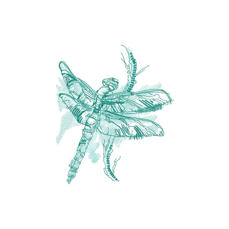 Dragonfly sitting on a branch embroidery design, showcasing intricate stitching patterns for creative projects.