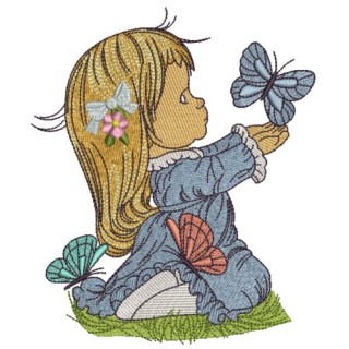 Cute girl playing with butterflies 3 embroidery design - Embroidery Design
