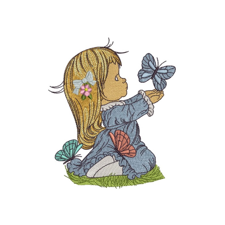 Cute girl playing with butterflies 3 embroidery design - Embroidery Design