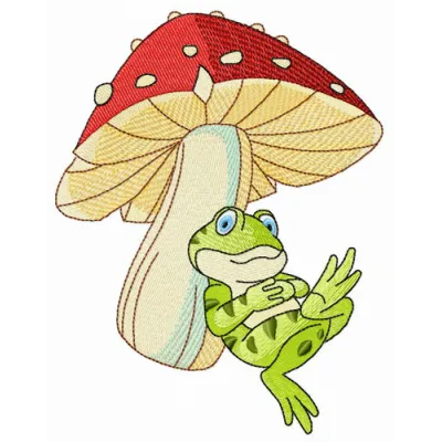 Siesta under mushroom embroidery design featuring a reptile motif, perfect for personalizing various fabric items.