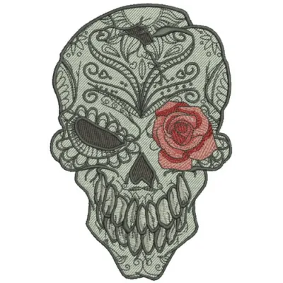 Skull with rose 2 embroidery design featuring intricate detailing, ideal for custom patches and apparel.