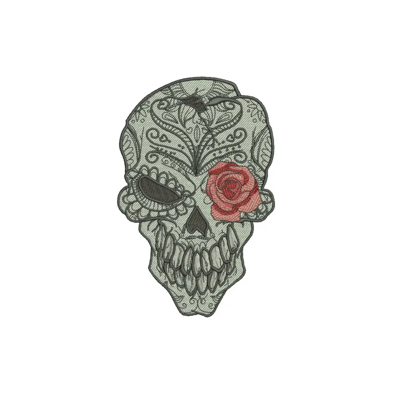 Skull with rose 2 embroidery design featuring intricate detailing, ideal for custom patches and apparel.