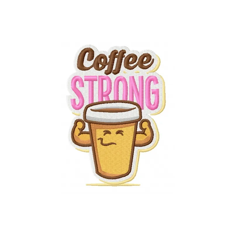 Preview of the Coffee Strong embroidery design featuring a bold coffee-themed stitched motif.