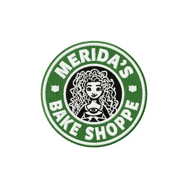 Merida's Bake Shoppe embroidery design featuring whimsical motifs for creative stitching on t-shirts and tote bags.