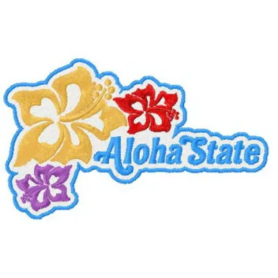 Aloha state embroidery design featuring tropical motifs, ideal for stitching on t-shirts or tote bags.