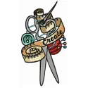 Tailor kit embroidery design featuring scissors, thread, and a needle, ideal for crafting enthusiasts.