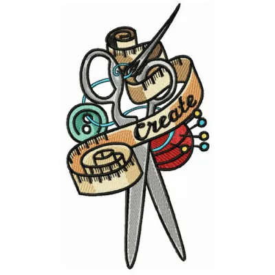Tailor kit embroidery design featuring scissors, thread, and a needle, ideal for crafting enthusiasts.
