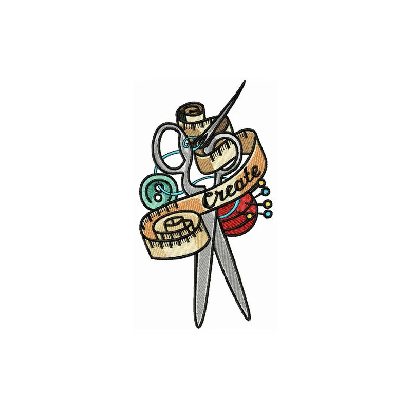 Tailor kit embroidery design featuring scissors, thread, and a needle, ideal for crafting enthusiasts.