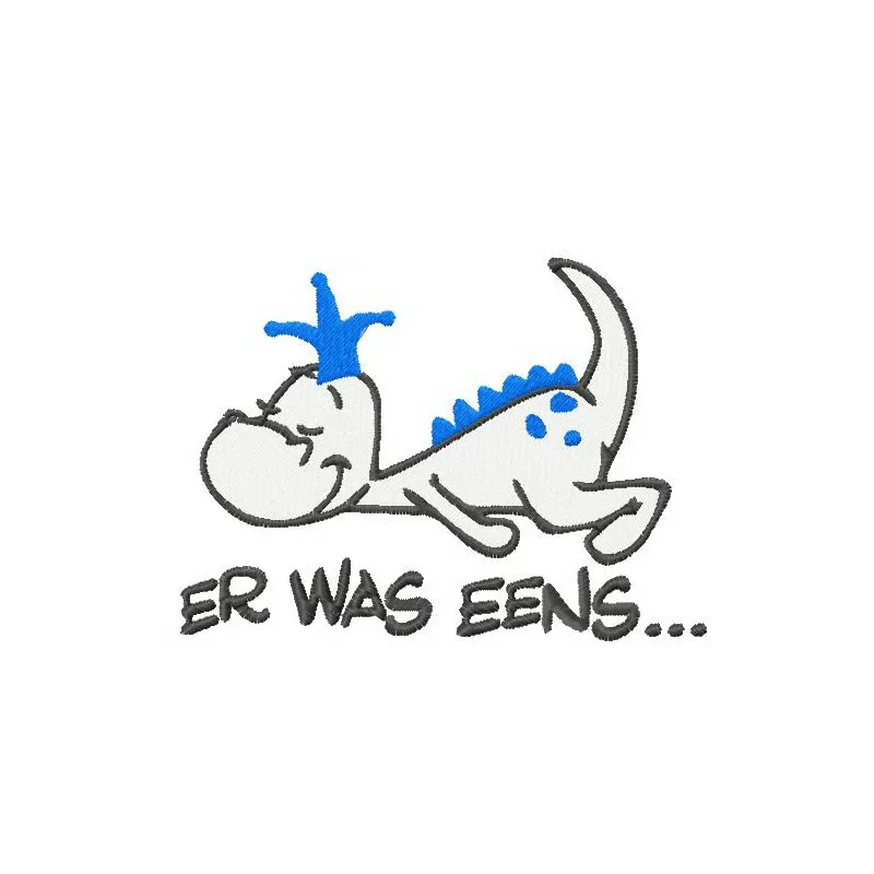 Preview of the 'Er was eens' embroidery design featuring a whimsical dinosaur motif, perfect for kids' apparel.