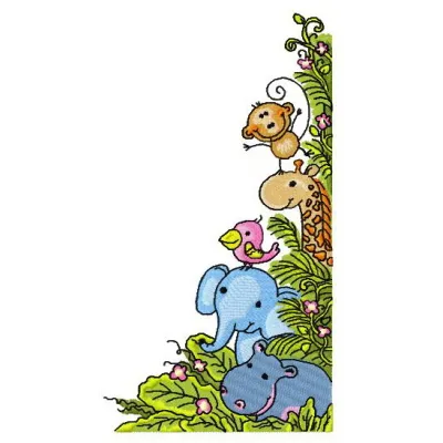 Jungle friends embroidery design featuring cheerful African animals, ideal for stitching on t-shirts and tote bags.
