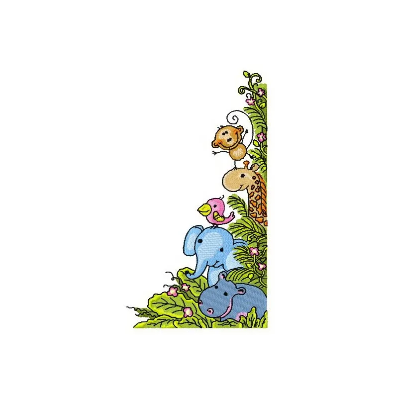 Jungle friends embroidery design featuring cheerful African animals, ideal for stitching on t-shirts and tote bags.