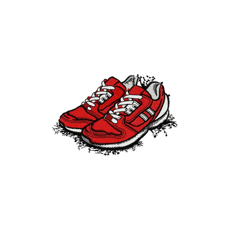 Embroidery design of red sneakers featuring vibrant colors, perfect for spring stitching projects.