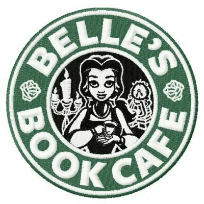 Belle's Book Cafe embroidery design inspired by Beauty and the Beast, showcasing intricate stitched motifs.