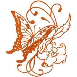 Orange vintage butterfly and flower embroidery design - Embroidery Design